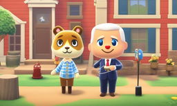 Joe Biden as an Animal Crossing character in a quaint village setting, holding a fishing rod near the town hall.