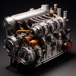 Revise the image of the fastest car engine ever and add a supercharger on top and turbochargers on the sides, enhancing the overall design with a high-performance emphasis.