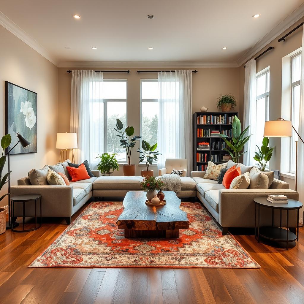 A beautifully redesigned living room featuring a modern, elegant aesthetic