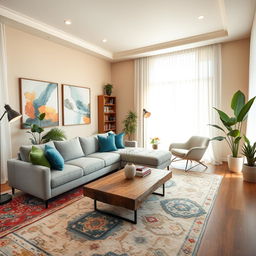 A beautifully redesigned living room featuring a modern, elegant aesthetic