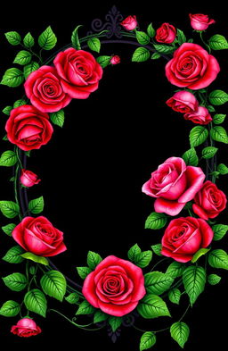 A stunning and regal rose design featuring vibrant roses in various shades of red and pink, with lush green vines elegantly circling around the ornate frame