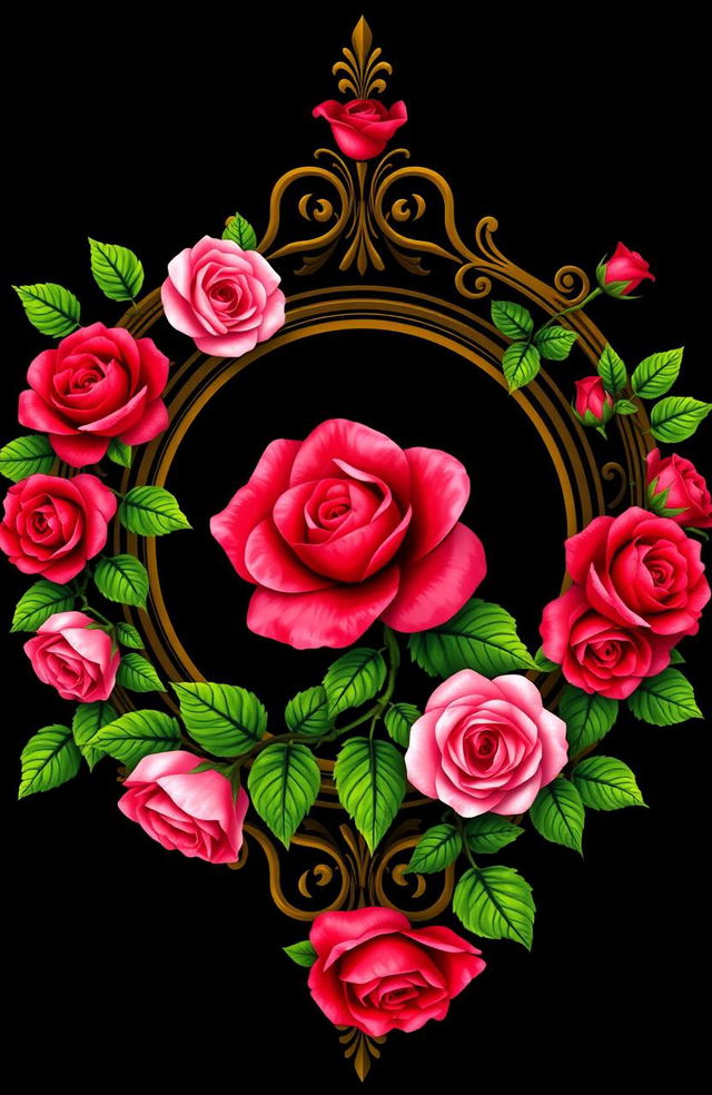 A stunning and regal rose design featuring vibrant roses in various shades of red and pink, with lush green vines elegantly circling around the ornate frame