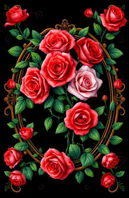 A stunning and regal rose design featuring vibrant roses in various shades of red and pink, with lush green vines elegantly circling around the ornate frame