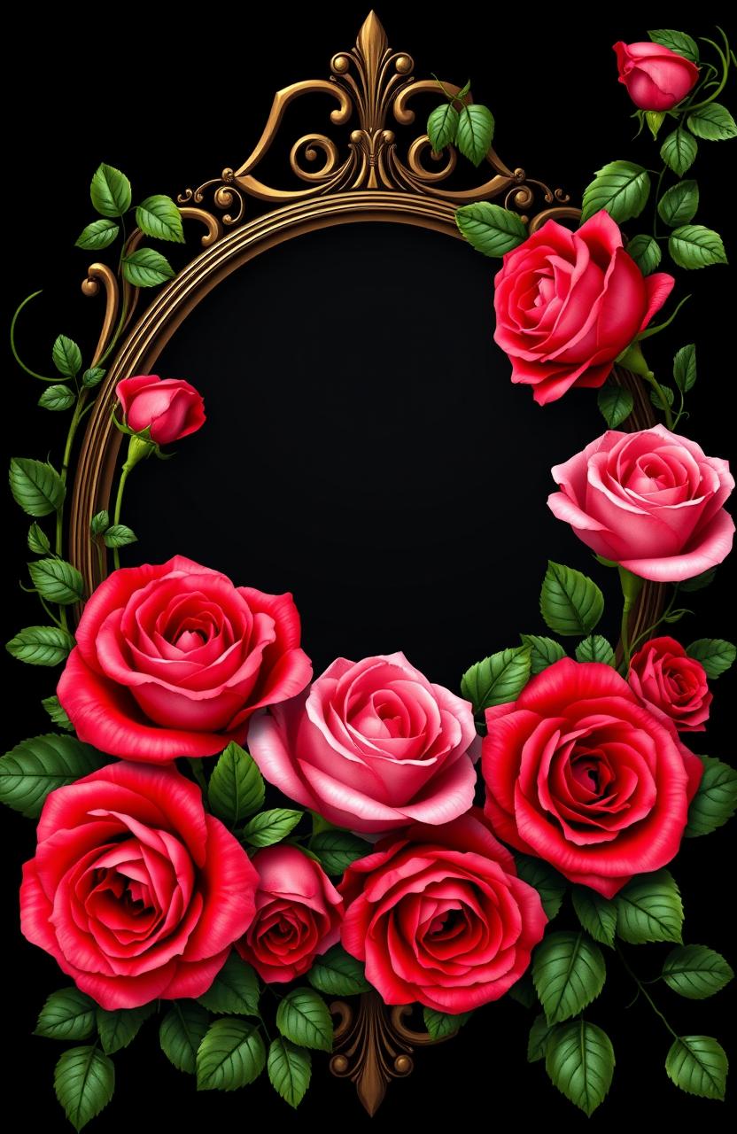 A stunning and regal rose design featuring vibrant roses in various shades of red and pink, with lush green vines elegantly circling around the ornate frame