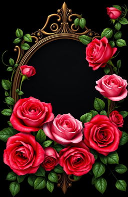 A stunning and regal rose design featuring vibrant roses in various shades of red and pink, with lush green vines elegantly circling around the ornate frame