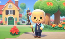 Joe Biden as an Animal Crossing character in a quaint village setting, holding a fishing rod near the town hall.