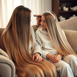 A cozy indoor scene featuring a teenage boy sitting on a sofa with his mother