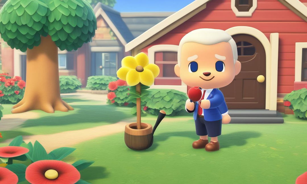 Joe Biden as an Animal Crossing character in a quaint village setting, holding a fishing rod near the town hall.