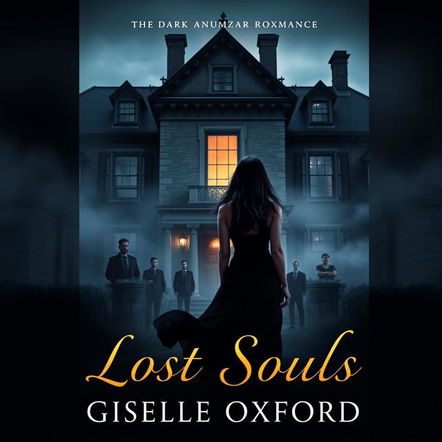 A dark romance book cover featuring an imposing old mansion in the background, partially shrouded in fog and shadows, with a single illuminated window suggesting dark secrets within