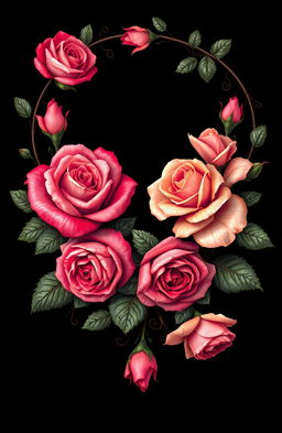 A stunning and regal rose design featuring beautifully detailed roses in vibrant colors, with intricate vines artistically circling around the frame