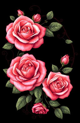 A stunning and regal rose design featuring beautifully detailed roses in vibrant colors, with intricate vines artistically circling around the frame