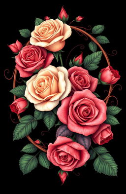A stunning and regal rose design featuring beautifully detailed roses in vibrant colors, with intricate vines artistically circling around the frame