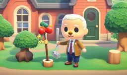 Joe Biden as an Animal Crossing character in a quaint village setting, holding a fishing rod near the town hall.