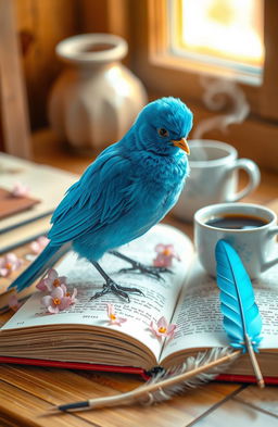 A vibrant blue Twitter bird perched on an open book, surrounded by delicate page flowers and softly glowing light