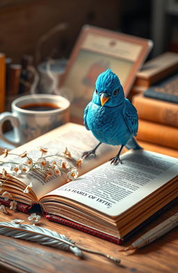A vibrant blue Twitter bird perched on an open book, surrounded by delicate page flowers and softly glowing light