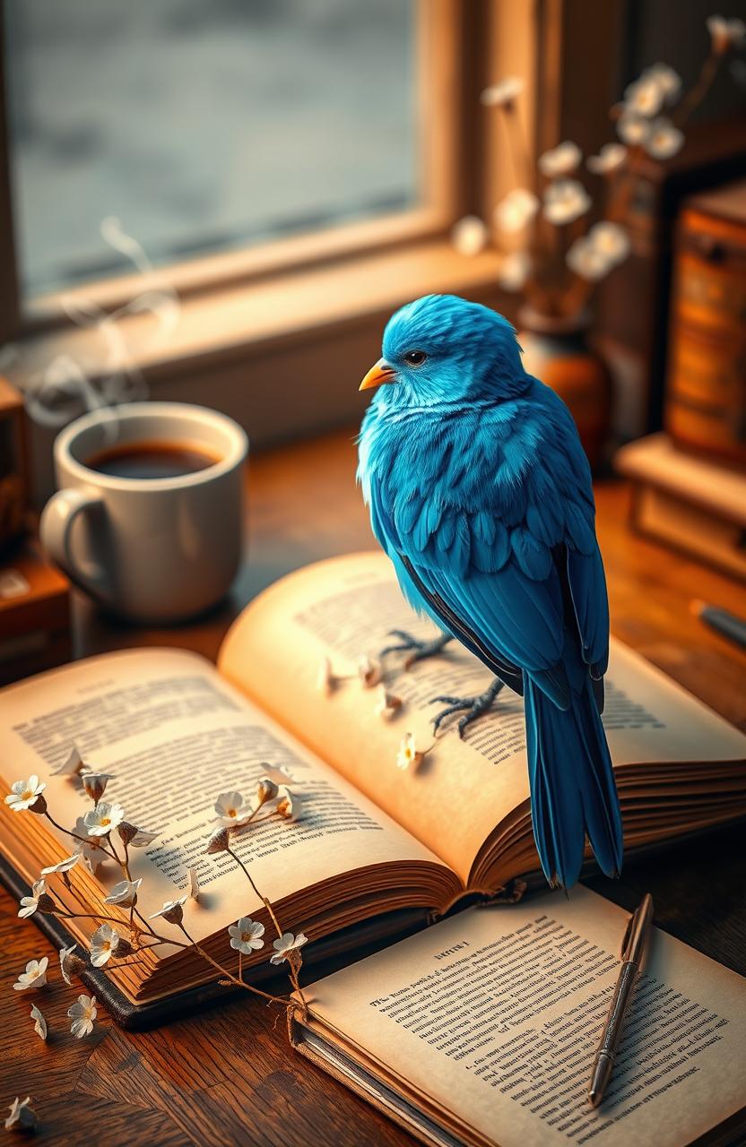 A vibrant blue Twitter bird perched on an open book, surrounded by delicate page flowers and softly glowing light