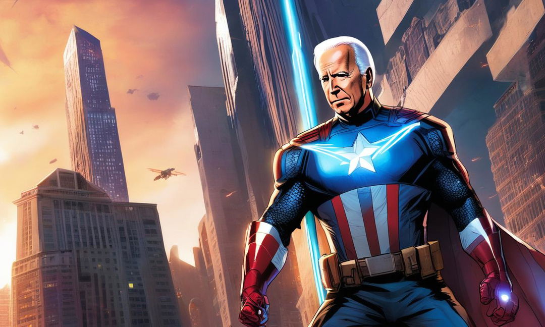 Joe Biden as a Marvel superhero in a high-tech cityscape, holding a glowing staff on top of a skyscraper.