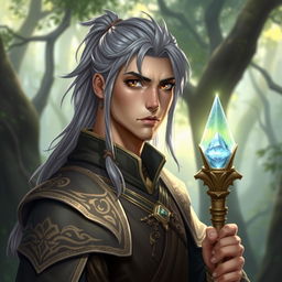 A handsome male fantasy cleric with captivating brown eyes and long grey hair tied back in a neat ponytail