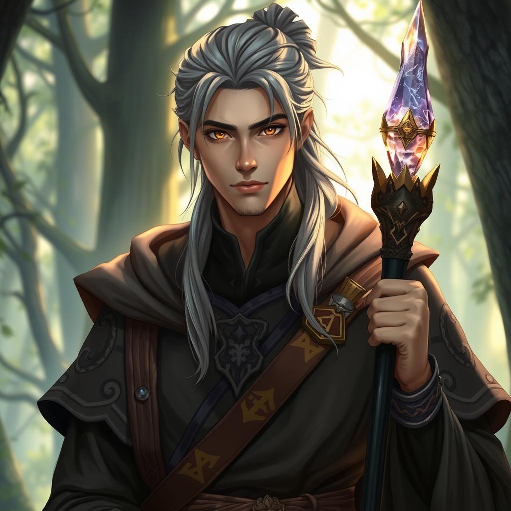 A handsome male fantasy cleric with captivating brown eyes and long grey hair tied back in a neat ponytail