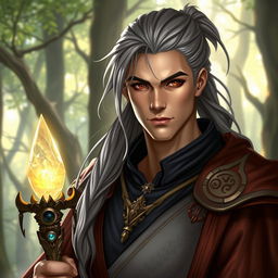 A handsome male fantasy cleric with captivating brown eyes and long grey hair tied back in a neat ponytail