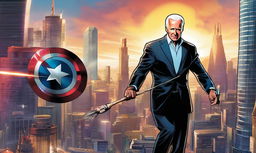 Joe Biden as a Marvel superhero in a high-tech cityscape, holding a glowing staff on top of a skyscraper.