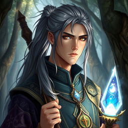 A handsome male fantasy cleric with captivating brown eyes and long grey hair tied back in a neat ponytail
