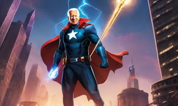 Joe Biden as a Marvel superhero in a high-tech cityscape, holding a glowing staff on top of a skyscraper.