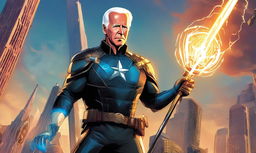 Joe Biden as a Marvel superhero in a high-tech cityscape, holding a glowing staff on top of a skyscraper.