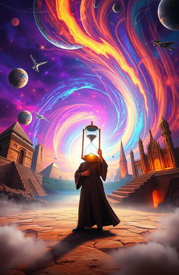 A captivating scene depicting time travel in a fantastical setting, showcasing a swirling vortex of bright, colorful lights and energy