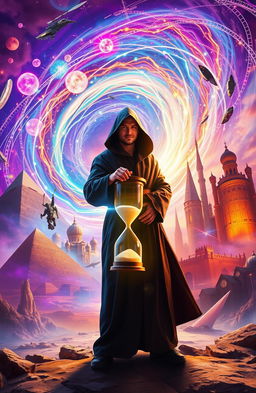 A captivating scene depicting time travel in a fantastical setting, showcasing a swirling vortex of bright, colorful lights and energy