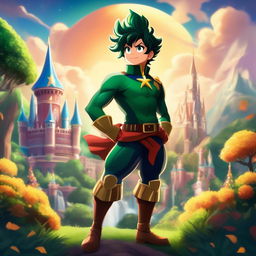 Midoriya from My Hero Academia in a Disney style, dressed in his hero costume amidst a magical kingdom.