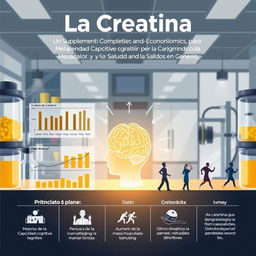 Una ilustración de portada con un estilo científico que representa los beneficios de la creatina