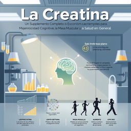 Una ilustración de portada con un estilo científico que representa los beneficios de la creatina