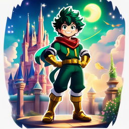 Midoriya from My Hero Academia in a Disney style, dressed in his hero costume amidst a magical kingdom.