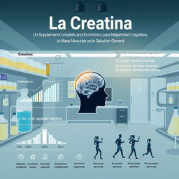 Una ilustración de portada con un estilo científico que representa los beneficios de la creatina