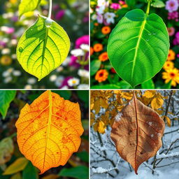 Four images depicting the same leaf in different seasons: (1) Spring: a large green leaf with vibrant details of new growth, showing droplets of dew, fresh and lush foliage against a soft-focus background of blossoming flowers