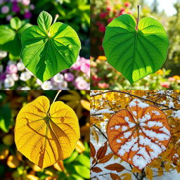 Four images depicting the same leaf in different seasons: (1) Spring: a large green leaf with vibrant details of new growth, showing droplets of dew, fresh and lush foliage against a soft-focus background of blossoming flowers