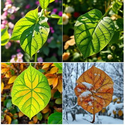 Four images depicting the same leaf in different seasons: (1) Spring: a large green leaf with vibrant details of new growth, showing droplets of dew, fresh and lush foliage against a soft-focus background of blossoming flowers