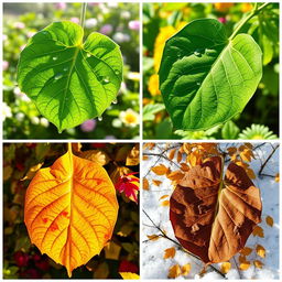 Four images depicting the same leaf in different seasons: (1) Spring: a large green leaf with vibrant details of new growth, showing droplets of dew, fresh and lush foliage against a soft-focus background of blossoming flowers