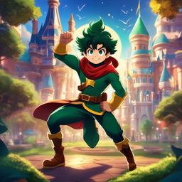 Midoriya from My Hero Academia in a Disney style, dressed in his hero costume amidst a magical kingdom.