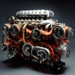 Revise the image of the fastest car engine ever and add a supercharger on top and turbochargers on the sides, enhancing the overall design with a high-performance emphasis.