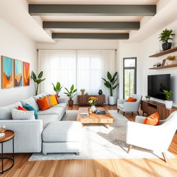 A beautifully redesigned living room featuring a modern aesthetic with a spacious layout