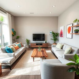 A beautifully redesigned living room featuring a modern aesthetic with a spacious layout