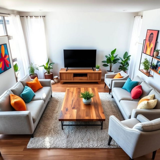 A beautifully redesigned living room featuring a modern aesthetic with a spacious layout