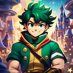 Midoriya from My Hero Academia in a Disney style, dressed in his hero costume amidst a magical kingdom.