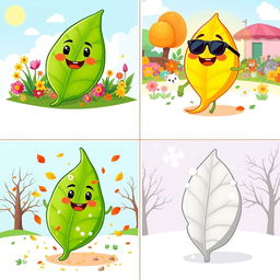 A cartoon series featuring four images of the same leaf in different seasons: (1) Spring: a large, vibrant green leaf with smiling faces, surrounded by colorful flowers and sunshine, conveying a joyful atmosphere