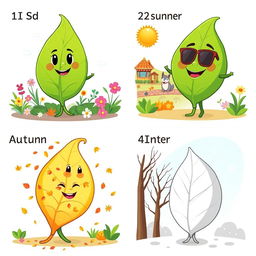 A cartoon series featuring four images of the same leaf in different seasons: (1) Spring: a large, vibrant green leaf with smiling faces, surrounded by colorful flowers and sunshine, conveying a joyful atmosphere