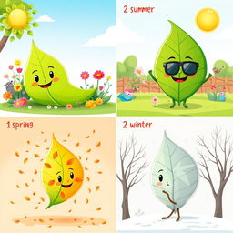 A cartoon series featuring four images of the same leaf in different seasons: (1) Spring: a large, vibrant green leaf with smiling faces, surrounded by colorful flowers and sunshine, conveying a joyful atmosphere