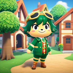 Midoriya from My Hero Academia in an Animal Crossing style, dressed in his hero costume amidst a charming village.