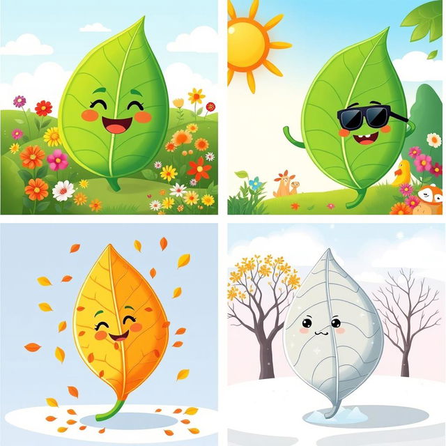 A cartoon series featuring four images of the same leaf in different seasons: (1) Spring: a large, vibrant green leaf with smiling faces, surrounded by colorful flowers and sunshine, conveying a joyful atmosphere